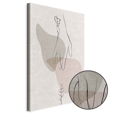 Schuin productaanzicht van Delicate touch. Het motief loopt door over de randen van het canvas. Een ronde detailopname toont het reliëf van het geloppervlak.