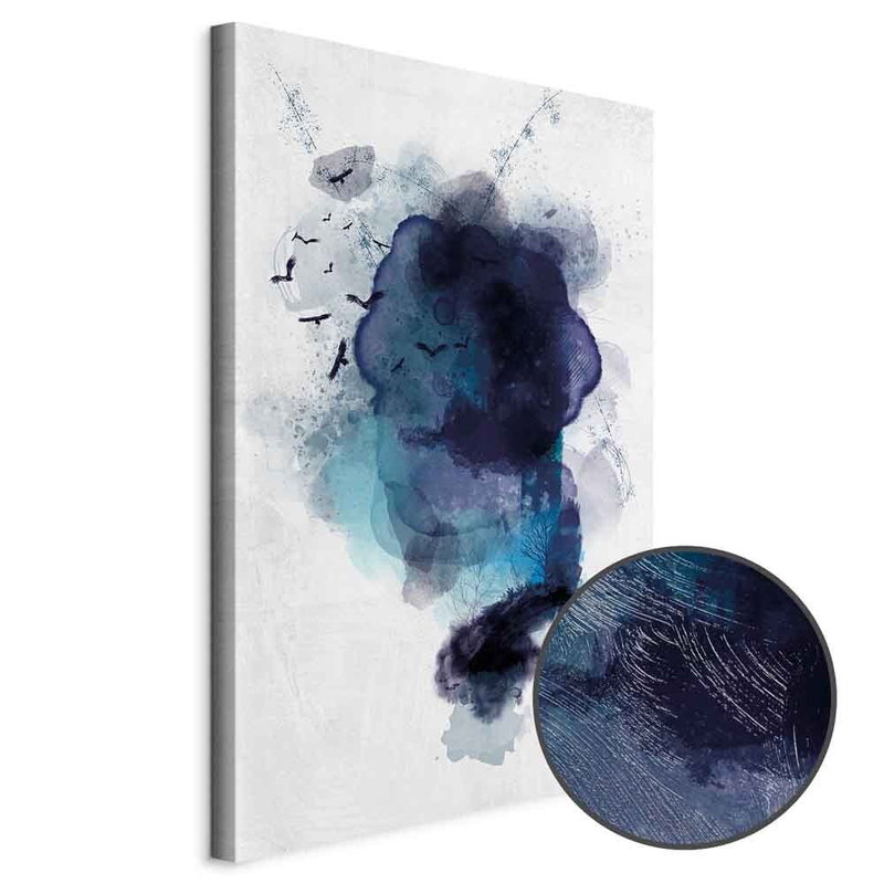Schuin productaanzicht van Blue memory. Het motief loopt door over de randen van het canvas. Een ronde detailopname toont het reliëf van het geloppervlak.