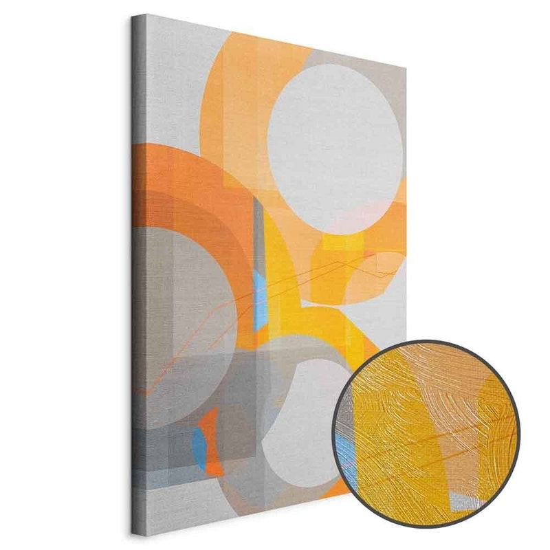 Schuin productaanzicht van Multicolour. Het motief loopt door over de randen van het canvas. Een ronde detailopname toont het reliëf van het geloppervlak.