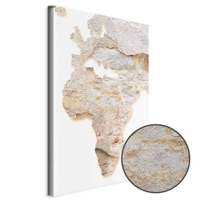 Schuin productaanzicht van Hot continent. Het motief loopt door over de randen van het canvas. Een ronde detailopname toont het reliëf van het geloppervlak.