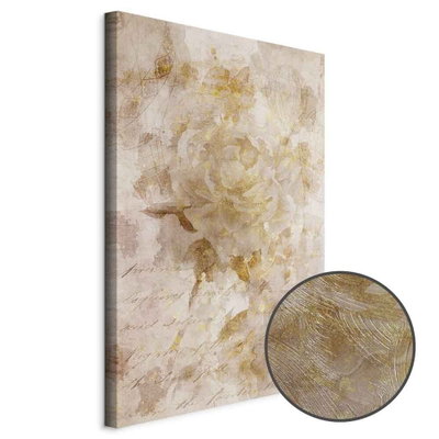 Schuin productaanzicht van Painted dreams. Het motief loopt door over de randen van het canvas. Een ronde detailopname toont het reliëf van het geloppervlak.