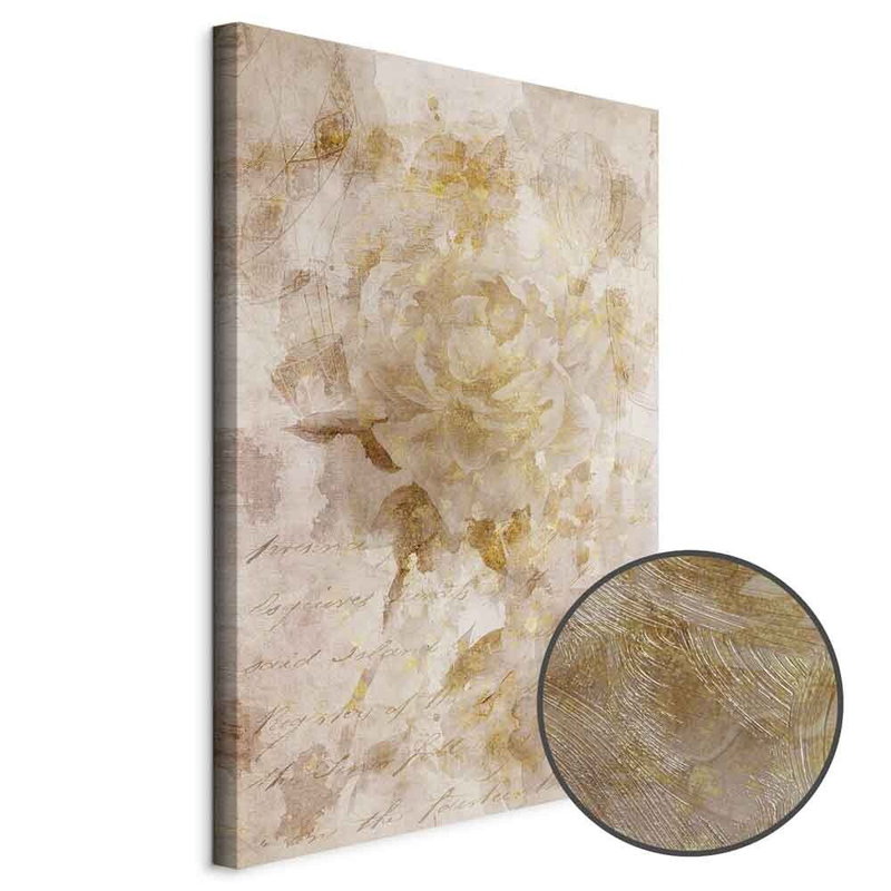 Schuin productaanzicht van Painted dreams. Het motief loopt door over de randen van het canvas. Een ronde detailopname toont het reliëf van het geloppervlak.