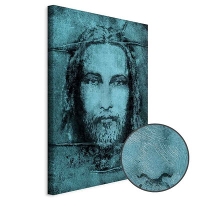 Schuin productaanzicht van Shroud of turin in turqoise. Het motief loopt door over de randen van het canvas. Een ronde detailopname toont het reliëf van het geloppervlak.