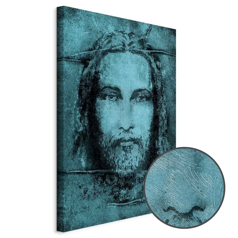 Schuin productaanzicht van Shroud of turin in turqoise. Het motief loopt door over de randen van het canvas. Een ronde detailopname toont het reliëf van het geloppervlak.