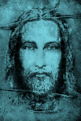 Vooraanzicht van Shroud of turin in turqoise. De volledige gedrukte compositie is te zien zonder het schuine productaanzicht of de detailopname van het geloppervlak.