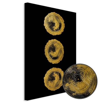 Schuin productaanzicht van Golden knots. Het motief loopt door over de randen van het canvas. Een ronde detailopname toont het reliëf van het geloppervlak.
