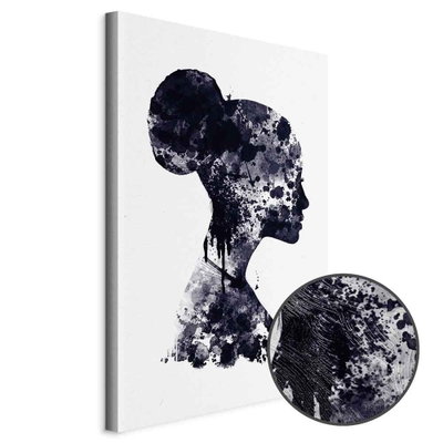 Schuin productaanzicht van Abstract profile. Het motief loopt door over de randen van het canvas. Een ronde detailopname toont het reliëf van het geloppervlak.