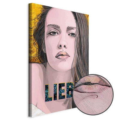 Schuin productaanzicht van Liebe. Het motief loopt door over de randen van het canvas. Een ronde detailopname toont het reliëf van het geloppervlak.