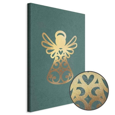 Schuin productaanzicht van Angelic christmas. Het motief loopt door over de randen van het canvas. Een ronde detailopname toont het reliëf van het geloppervlak.