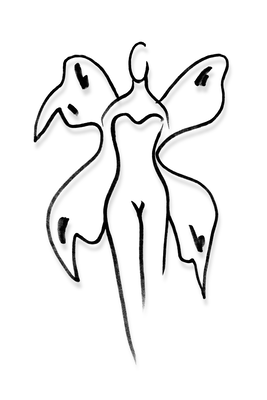 Vooraanzicht van Butterfly woman. De volledige gedrukte compositie is te zien zonder het schuine productaanzicht of de detailopname van het geloppervlak.