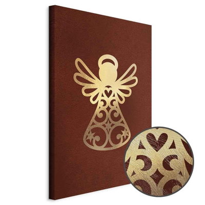 Schuin productaanzicht van Angelic gold. Het motief loopt door over de randen van het canvas. Een ronde detailopname toont het reliëf van het geloppervlak.