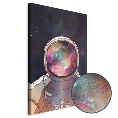 Schuin productaanzicht van Star explorer. Het motief loopt door over de randen van het canvas. Een ronde detailopname toont het reliëf van het geloppervlak.