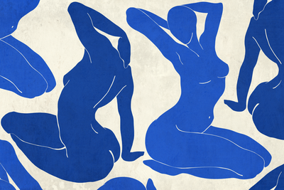 Vooraanzicht van Blue femininity. De volledige gedrukte compositie is te zien zonder het schuine productaanzicht of de detailopname van het geloppervlak.