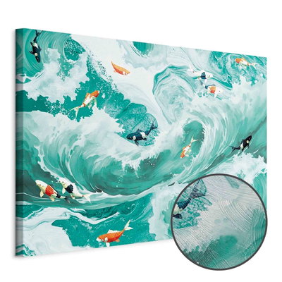 Schuin productaanzicht van Fish and waves. Het motief loopt door over de randen van het canvas. Een ronde detailopname toont het reliëf van het geloppervlak.
