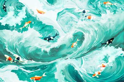 Vooraanzicht van Fish and waves. De volledige gedrukte compositie is te zien zonder het schuine productaanzicht of de detailopname van het geloppervlak.