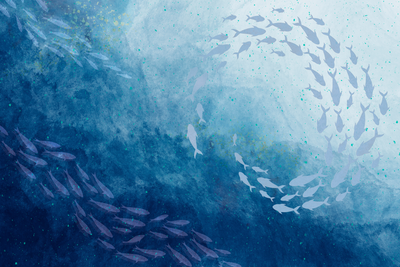 Vooraanzicht van Sea depths. De volledige gedrukte compositie is te zien zonder het schuine productaanzicht of de detailopname van het geloppervlak.
