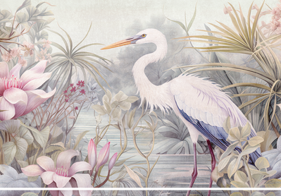 Vooraanzicht van Heron wading in a pond -. De volledige gedrukte compositie is te zien zonder het schuine productaanzicht of de detailopname van het geloppervlak.