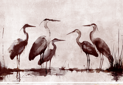Vooraanzicht van Herons painted with ink. De volledige gedrukte compositie is te zien zonder het schuine productaanzicht of de detailopname van het geloppervlak.