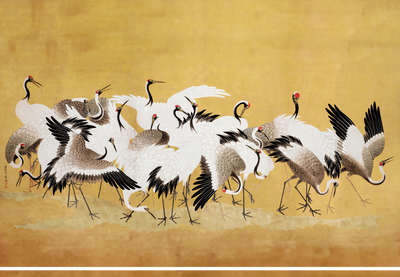 Vooraanzicht van Japanese cranes - a flock of. De volledige gedrukte compositie is te zien zonder het schuine productaanzicht of de detailopname van het geloppervlak.