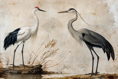 Vooraanzicht van Birds from an old engraving. De volledige gedrukte compositie is te zien zonder het schuine productaanzicht of de detailopname van het geloppervlak.