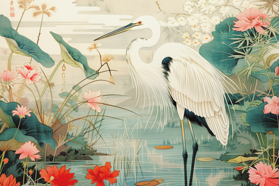 Vooraanzicht van By an asian pond - an. De volledige gedrukte compositie is te zien zonder het schuine productaanzicht of de detailopname van het geloppervlak.
