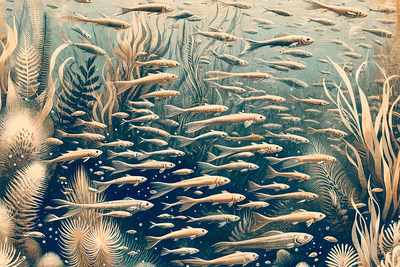 Vooraanzicht van Oceanic nature. De volledige gedrukte compositie is te zien zonder het schuine productaanzicht of de detailopname van het geloppervlak.