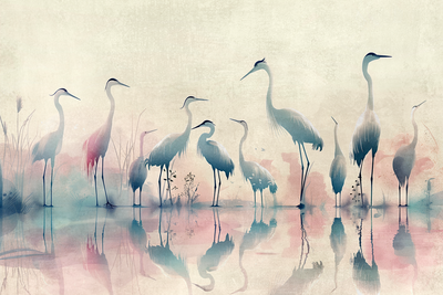 Vooraanzicht van Birds by the lake - herons. De volledige gedrukte compositie is te zien zonder het schuine productaanzicht of de detailopname van het geloppervlak.