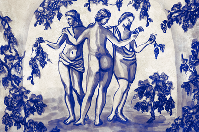 Vooraanzicht van Ancient vineyard - three. De volledige gedrukte compositie is te zien zonder het schuine productaanzicht of de detailopname van het geloppervlak.
