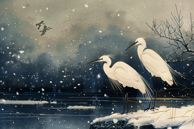 Vooraanzicht van Herons over a winter pond -. De volledige gedrukte compositie is te zien zonder het schuine productaanzicht of de detailopname van het geloppervlak.