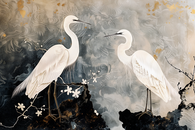 Vooraanzicht van Herons and cherry blossoms -. De volledige gedrukte compositie is te zien zonder het schuine productaanzicht of de detailopname van het geloppervlak.