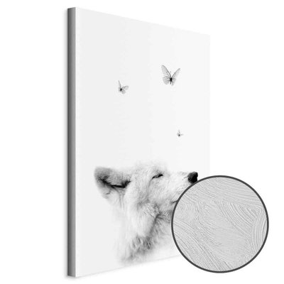 Schuin productaanzicht van Gentle dream. Het motief loopt door over de randen van het canvas. Een ronde detailopname toont het reliëf van het geloppervlak.