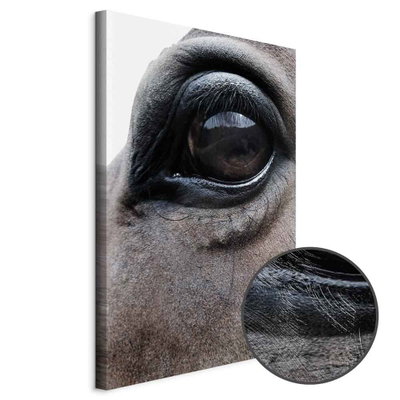 Schuin productaanzicht van Honest eyes. Het motief loopt door over de randen van het canvas. Een ronde detailopname toont het reliëf van het geloppervlak.