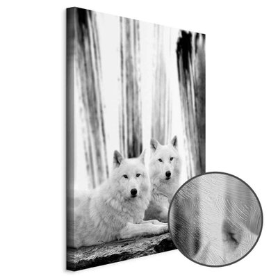 Schuin productaanzicht van Forest love. Het motief loopt door over de randen van het canvas. Een ronde detailopname toont het reliëf van het geloppervlak.