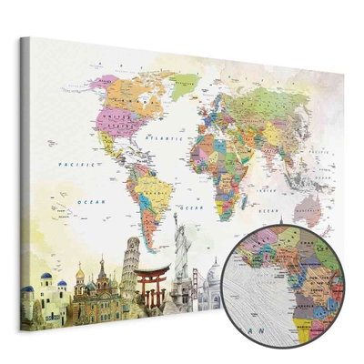 Schuin productaanzicht van Wonders of the world wide. Het motief loopt door over de randen van het canvas. Een ronde detailopname toont het reliëf van het geloppervlak.