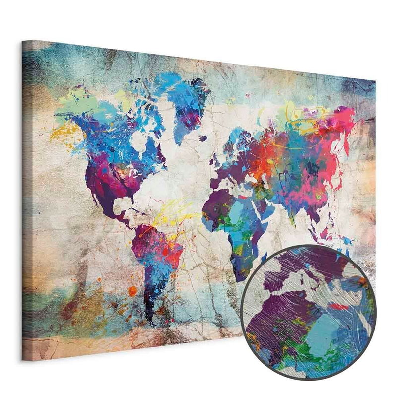 Produktvy av World map colourful madness. En rund detaljförstoring visar den strukturerade gelytan.