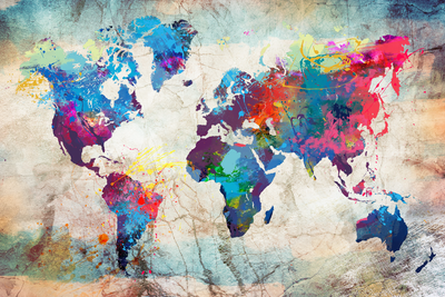 Vooraanzicht van World map colourful madness. De volledige gedrukte compositie is te zien zonder het schuine productaanzicht of de detailopname van het geloppervlak.