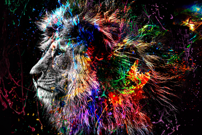 Vooraanzicht van Crazy lion wide. De volledige gedrukte compositie is te zien zonder het schuine productaanzicht of de detailopname van het geloppervlak.