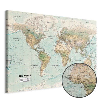 Schuin productaanzicht van World map beautiful world. Het motief loopt door over de randen van het canvas. Een ronde detailopname toont het reliëf van het geloppervlak.
