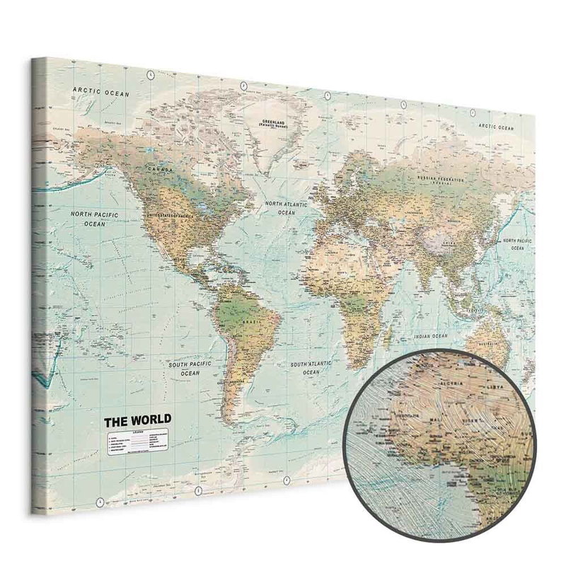 Produktvy av World map beautiful world. En rund detaljförstoring visar den strukturerade gelytan.
