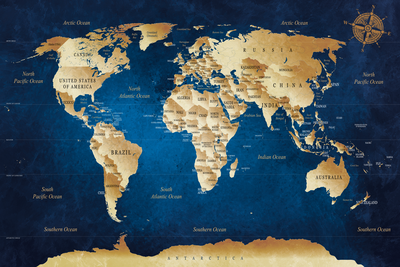 Vooraanzicht van World map the dark blue. De volledige gedrukte compositie is te zien zonder het schuine productaanzicht of de detailopname van het geloppervlak.