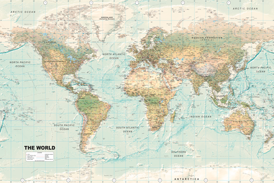 Vooraanzicht van World map beautiful world. De volledige gedrukte compositie is te zien zonder het schuine productaanzicht of de detailopname van het geloppervlak.