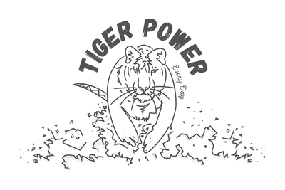 Vooraanzicht van Tiger power wide. De volledige gedrukte compositie is te zien zonder het schuine productaanzicht of de detailopname van het geloppervlak.