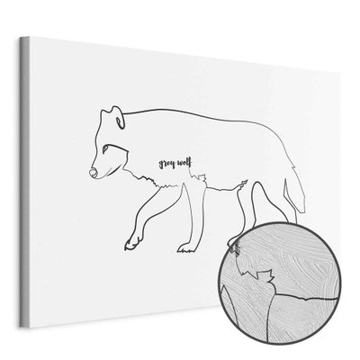 Schuin productaanzicht van Wolf wide. Het motief loopt door over de randen van het canvas. Een ronde detailopname toont het reliëf van het geloppervlak.
