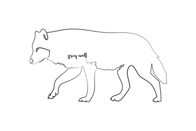 Vooraanzicht van Wolf wide. De volledige gedrukte compositie is te zien zonder het schuine productaanzicht of de detailopname van het geloppervlak.