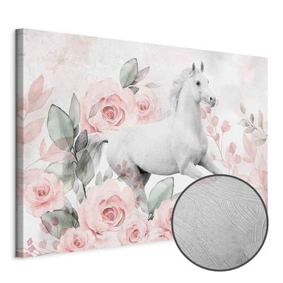 Schuin productaanzicht van Gallop among the roses wide. Het motief loopt door over de randen van het canvas. Een ronde detailopname toont het reliëf van het geloppervlak.