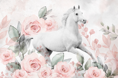 Vooraanzicht van Gallop among the roses wide. De volledige gedrukte compositie is te zien zonder het schuine productaanzicht of de detailopname van het geloppervlak.