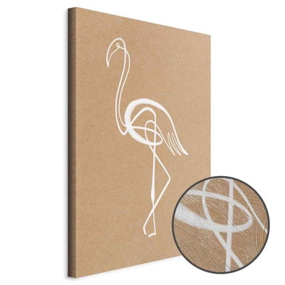 Schuin productaanzicht van White flamingo. Het motief loopt door over de randen van het canvas. Een ronde detailopname toont het reliëf van het geloppervlak.