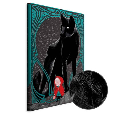 Schuin productaanzicht van Red riding hood. Het motief loopt door over de randen van het canvas. Een ronde detailopname toont het reliëf van het geloppervlak.
