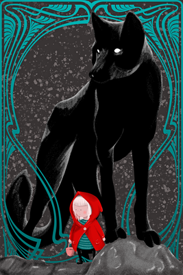 Vooraanzicht van Red riding hood. De volledige gedrukte compositie is te zien zonder het schuine productaanzicht of de detailopname van het geloppervlak.