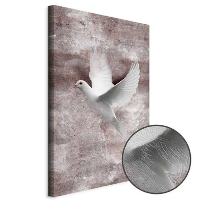 Schuin productaanzicht van Love in flight. Het motief loopt door over de randen van het canvas. Een ronde detailopname toont het reliëf van het geloppervlak.